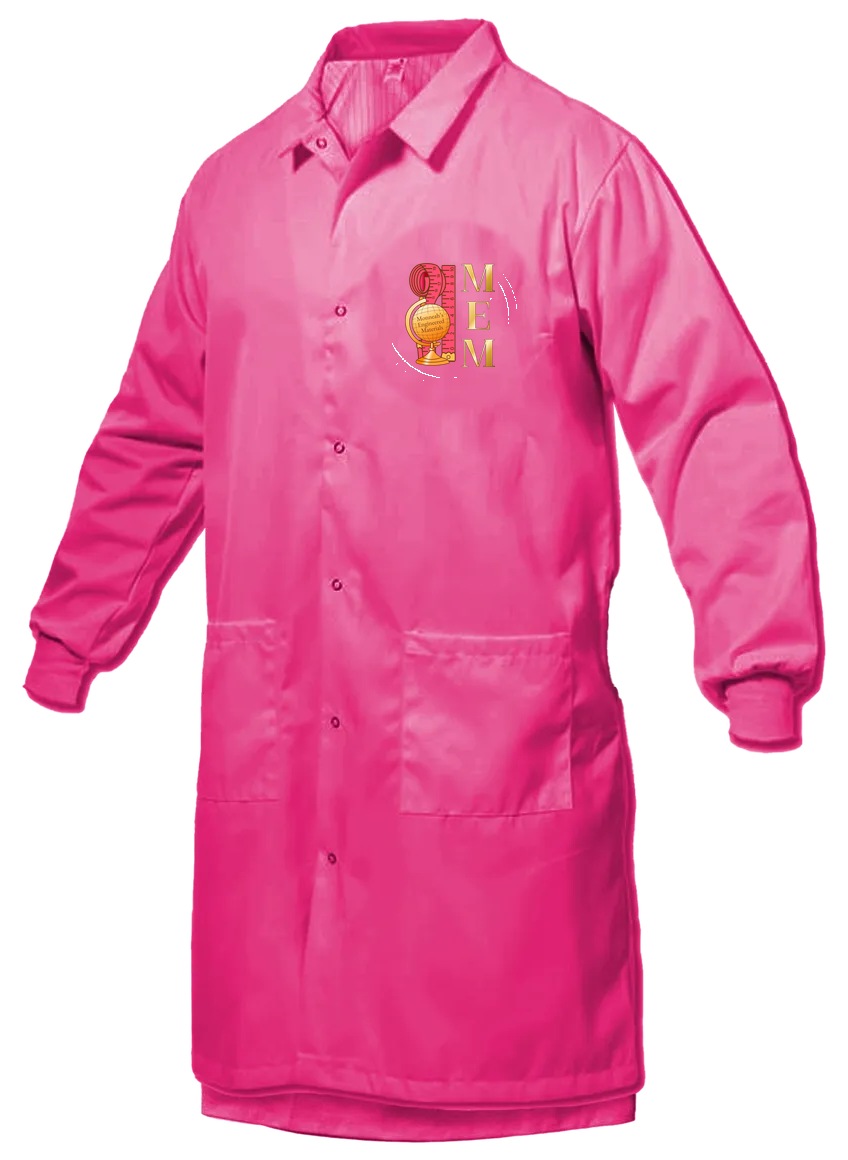 Hot pink lab coat with Monneah's Engineered Materials logo