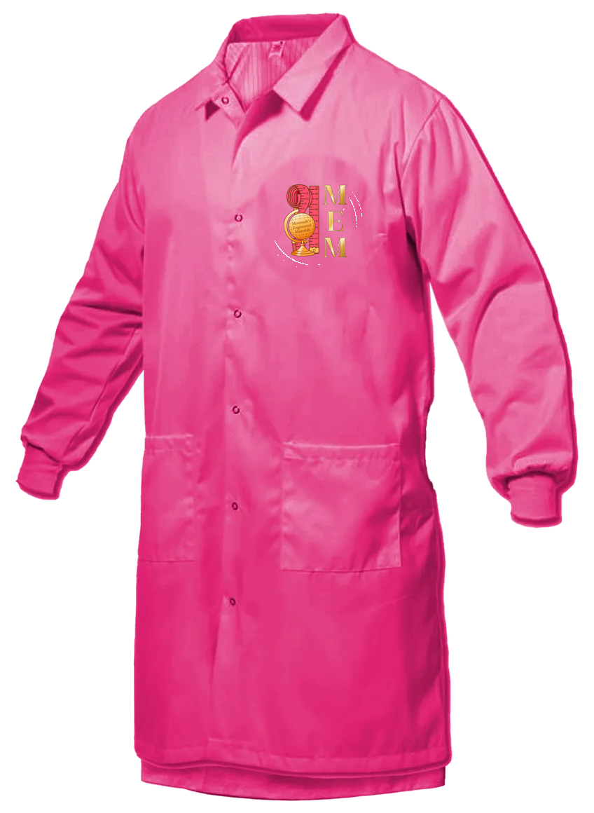Hot pink lab coat with Monneah's Engineered Materials logo